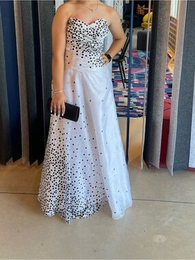 Masquerade White and Black Polka Dot Strapless Prom Gown